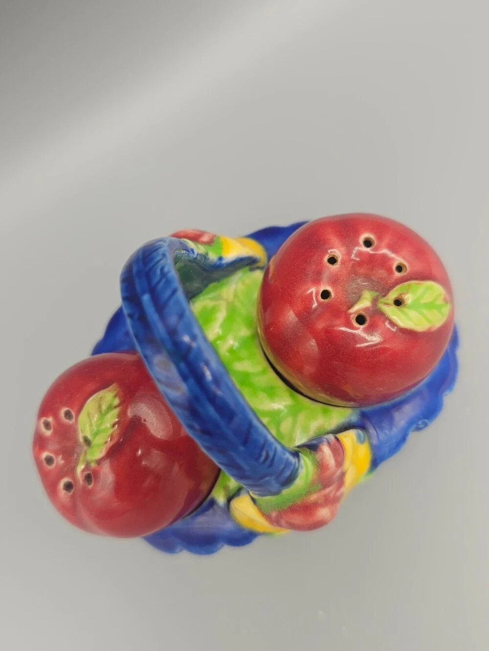 Vintage Ceramic Apple Salt and Pepper Shakers with Blue Basket Holder